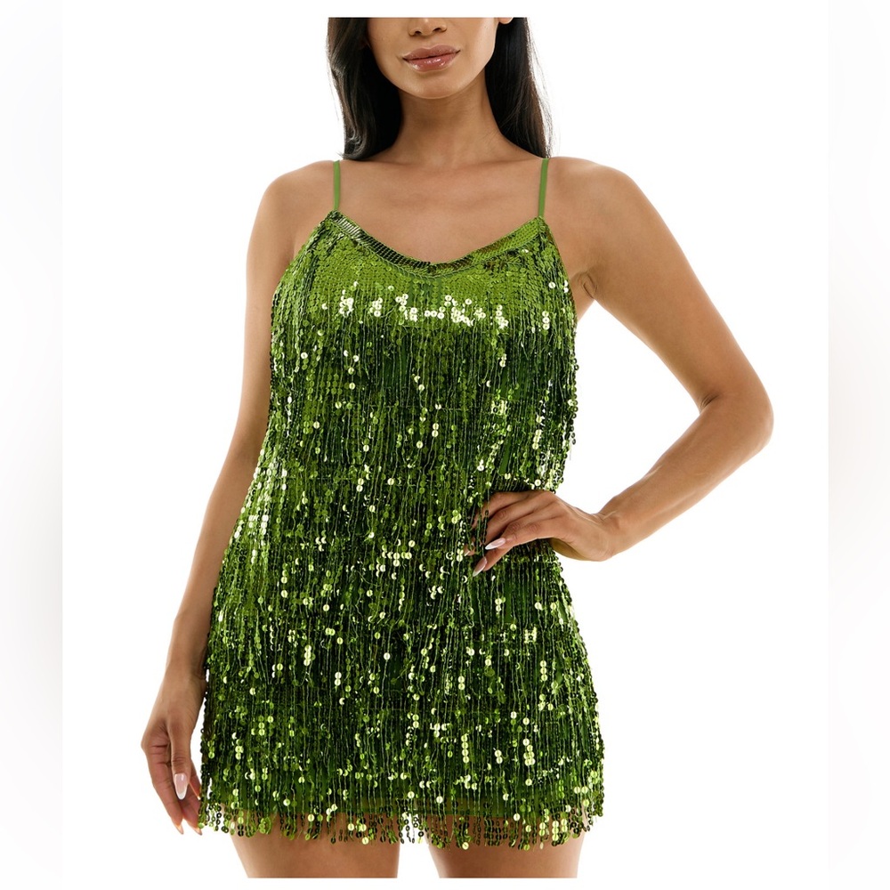 V-Neck Sequin Fringe Trim Mini Dress - Size Small in Green